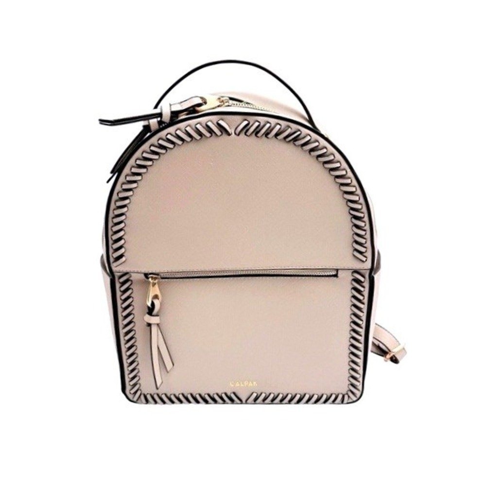Calpak Mini Backpack Faux Leather White Tan Gold Whipstitch READ Zipper